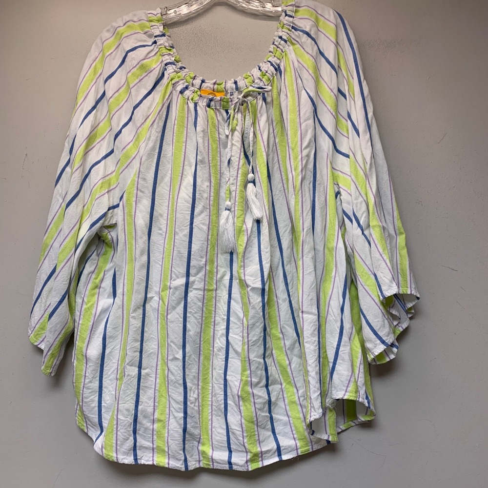 Ruby Rd‎ Blouse Women 3X White Lime Striped Excellent Rayon Boho Tassel 15241